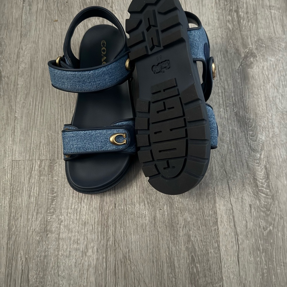 Coach Blue Denim Strap Sandals with Gold Hardware - Picture 2 of 4